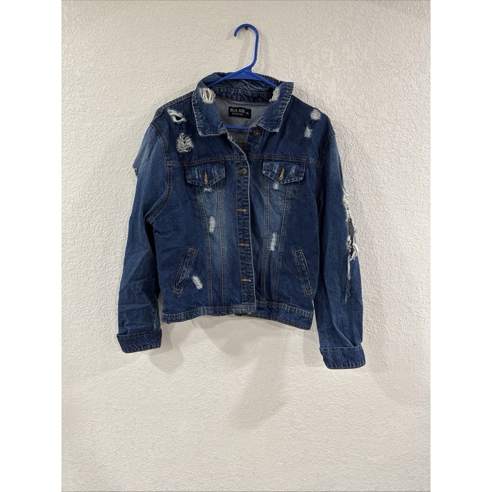 Blue Age Denim Jean Jacket Women's Distressed Button Sz XL